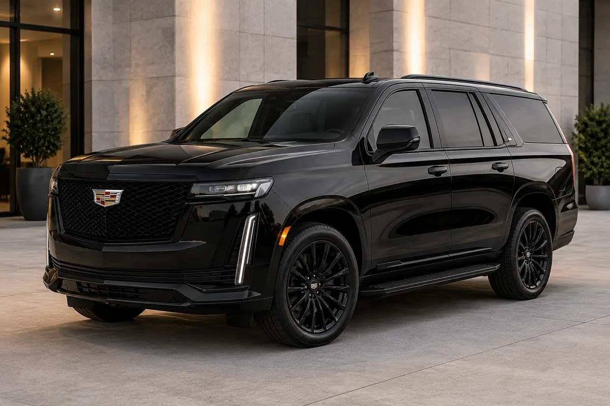 Black Cadillac Escalade full-size SUV outside a hotel entrance